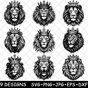 León con corona, rey de la jungla real, trono, gato salvaje, orgullo, archivo láser, SVG, PNG, JPG, escala de grises, imagen quemada, corte vectorial, posavasos, negro, blanco, CNC, madera