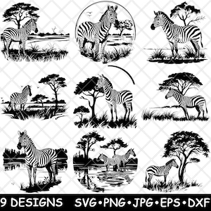 Zèbre équine faune savane africaine Safari paysage fichier laser SVG PNG JPG niveaux de gris gravure image coupe vecteur sous-bock noir blanc bois cnc