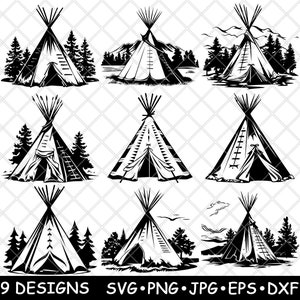 Könnte beinhalten: Neun Schwarzweißillustrationen von Tipis mit verschiedenen Designs und Hintergründen. Die Tipis sind von Bäumen und Bergen umgeben.