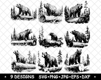 Grizzly Bear Forest Scene Vector Wildlife SVG for Laser Engraving, Stickers & Rustic Wall Art