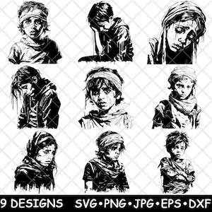 Niño herido, angustiado, triste, víctima de guerra, Palestina, Israel, archivo láser, SVG, PNG, JPG, escala de grises, imagen quemada, corte, vector, posavasos, blanco y negro, CNC, madera