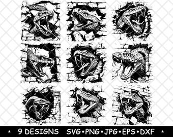 Fanged Snake SVG Bundle Aggressive Serpent Head Clipart Cracked Wall Reptile Design Laser Engraving