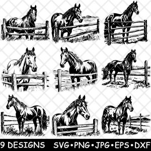 Fattoria di cavalli, ranch, recinzione rustica, stalla, maneggio, paese, file laser SVG, PNG, JPG, scala di grigi, brucia l'immagine, taglio, vettore, sottobicchiere, nero, bianco, legno CNC