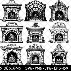Camino Fornace Focolare in Pietra Capanna Medievale Arte Invernale File Laser SVG PNG JPG Scala di Grigi Immagine Bruciata Taglio Vettore Sottobicchiere Nero Bianco Cnc Legno