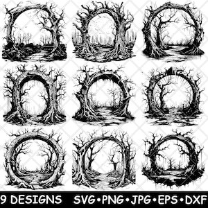 Portal del bosque, arco, camino sinuoso, oscuro, espeluznante, embrujado, archivo láser, SVG, PNG, JPG, escala de grises, imagen quemada, corte vectorial, posavasos, negro, blanco, CNC, madera