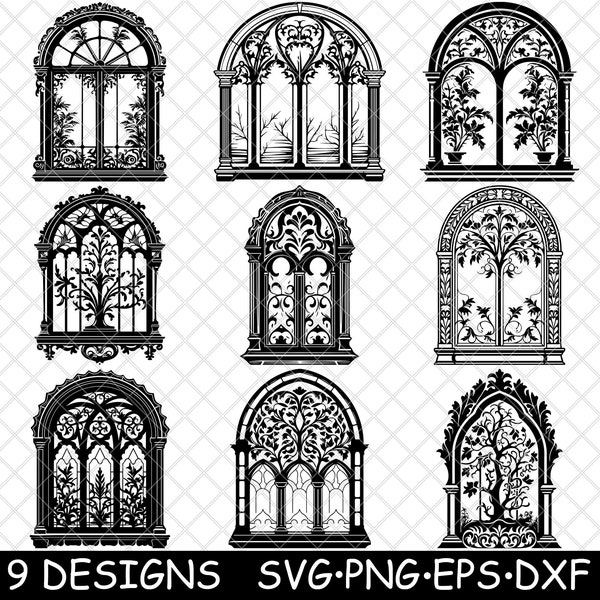 Finestra gotica vittoriana Haunted Eerie Medieval Glass Stone PNG,SVG,Dxf,EPS,Cricut,Silhouette,Cut,Engrave,Stencil,Sticker,Decal,Clipart,Print