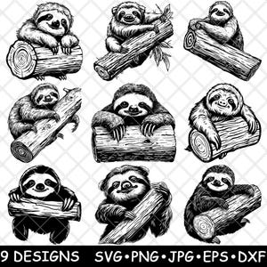 Luiaard Boom Log Lui traag dier bos natuur Wildlife Laser bestand SVG PNG JPG grijswaarden branden afbeelding gesneden vector Coaster zwart wit CNC hout