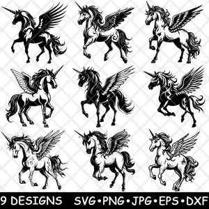 Licorne Pégase cheval magique mouche mythe fantastique conte de fées fichier laser SVG PNG JPG niveaux de gris gravure image coupe vecteur sous-bock noir blanc bois cnc