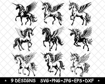 Licorne ailée SVG Bundle Pegasus Horse Clipart Fantasy magique équin fichiers vectoriels gravure laser