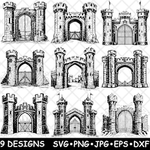 古代中世の城門ゴシック要塞ビクトリア朝レーザーファイルSVG PNG JPGグレースケールバーンイメージカットベクターコースターブラックホワイトCNC木製