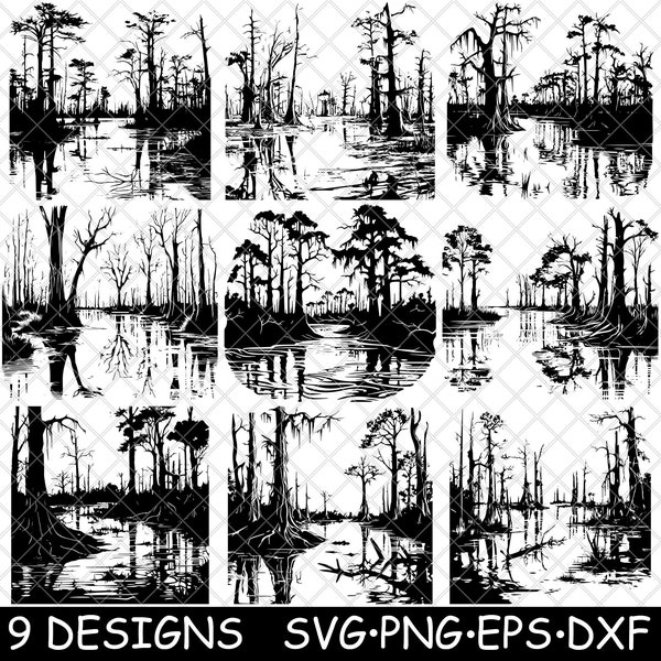 Eerie Spooky Swamp Marsh Creepy Halloween Cypress Water Lake Ghost SVG,Dxf,Eps,PNG,Cricut,Silhouette,Cut,Laser,Stencil,Iron-on,Clipart,Print