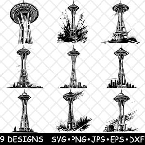 Space Needle Nadel, Nadel, Nadel, Observation Tower, Wahrzeichen Skyline Laser-Datei SVG PNG Brennen Bild Untersetzer Schwarz Weiß Cnc Holz