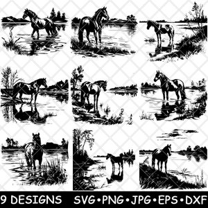 Paard Meer Water vijver Waden scène Rivier grazende paarden Laserbestand SVG PNG JPG grijswaarden afbeelding branden gesneden vector Coaster zwart wit CNC hout