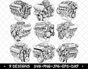 Car Engine Motor Mechanical Powertrain Automotive Power Laser File SVG PNG JPG Grayscale Burn Image Cut Vector Coaster Black White Cnc Wood