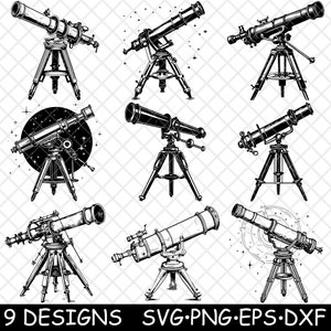 May include: Nine black and white illustrations of vintage telescopes on tripods. The telescopes are all facing different directions and have different levels of detail. The illustrations are set against a white background with a subtle grid pattern.