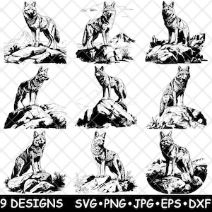 Coyote Wolf Schakal Wüstenhund Wildtier Apex Predator Laser Datei SVG PNG JPG Graustufen Brennen Bild Schnitt Vektor Untersetzer Schwarz Weiß Cnc Holz