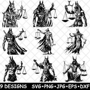 May include: Nine black and white digital illustrations of Anubis, the Egyptian god of the dead, holding scales of justice. Each illustration features Anubis in a different pose, with some holding the scales in their hands and others holding them in their paws.