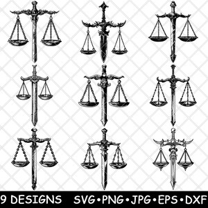 Justitie schaal zwaard evenwicht oordeel wet gelijkheid juridisch laserbestand SVG png jpg grijswaarden afbeelding branden gesneden vector achtbaan zwart wit cnc hout