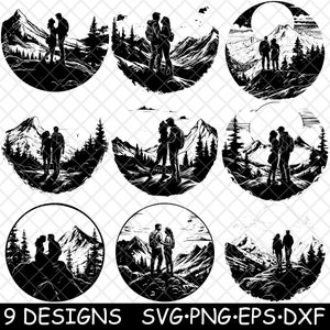 Pareja Montaña Senderismo Amor San Valentín Romance Escena Archivo Láser SVG PNG JPG Escala de Grises Quemar Imagen Cortar Vector Posavasos Negro Blanco CNC Madera