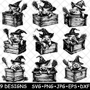 Niedliche Hexe Schwein Holzkiste Besen Halloween Süßes oder Saures Laserdatei SVG PNG JPG Graustufen Brennen Bild Schnitt Vektor Untersetzer Schwarz Weiß Cnc Holz