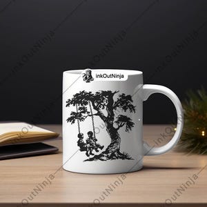 May include: White ceramic mug with a black silhouette design of two children on a swing under a tree. The text "InkOutNinja" is printed on the mug.