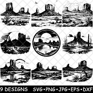 May include: Nine black and white silhouette designs of Monument Valley, Arizona. Each design features a different view of the iconic rock formations, including mesas, buttes, and canyons. The designs are perfect for use in crafting projects, scrapbooking, or digital design.