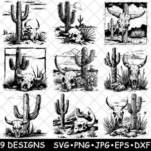 Buffalo Skull Cow Head Skeleton Desert Cactus Dead Bull Laser File SVG PNG JPG Grayscale Burn Image Cut Vector Coaster Black White Cnc Wood