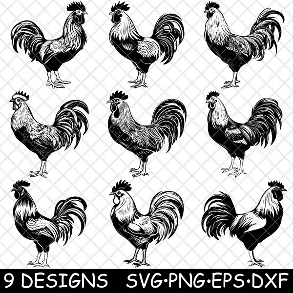 Rooster Chicken Cockerel Poultry Cock Male Crow Farm Livestock SVG,DXF,Eps,PNG,Cricut,Silhouette,Cut,Laser,Stencil,Sticker,Clipart,Print