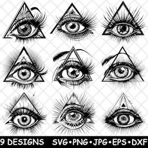 May include: Nine black and white illustrations of an eye inside a triangle. Each eye has eyelashes and is surrounded by a detailed design.