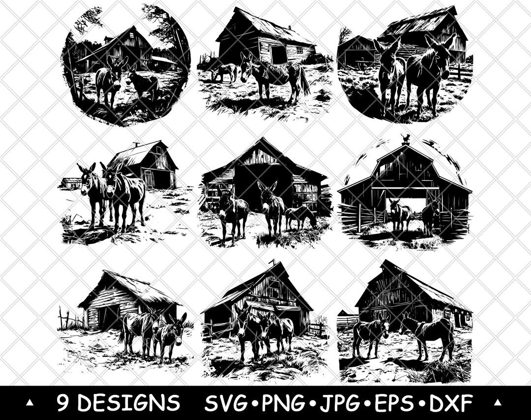 Rustic Barn Stickers Rustic Barn Donkey Farm Animal Landscape Black White Country Vector for ...