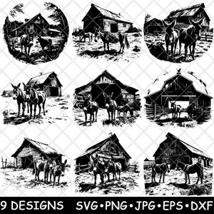 Âne mule burro cul mini cheval grange rustique ranch ferme fichier laser SVG PNG JPG niveaux de gris gravure image coupe vecteur sous-bock noir blanc bois cnc