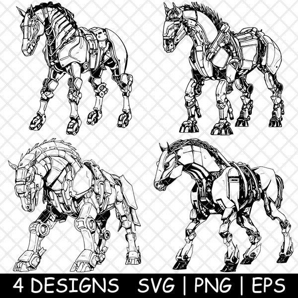 Mech Robot Horse Mustang Stallion| Sci-Fi Cyberpunk Horse Machine | SVG-PNG-EPS |Cut-Cricut-Sticker-Wood Laser-Decal-Stencil-Vinyl Shirt