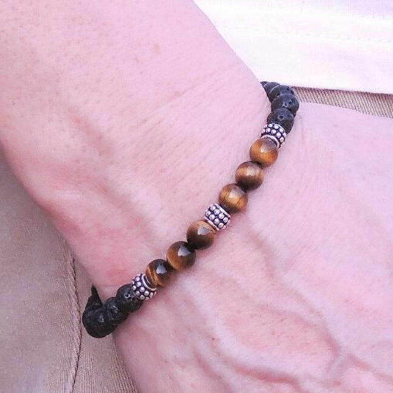 6mm Vintage Brown Tiger Eye Lava Rock Bracelet Stone Tibet Silver Charms Seven Chakras Emotional Practice Restore Meditation