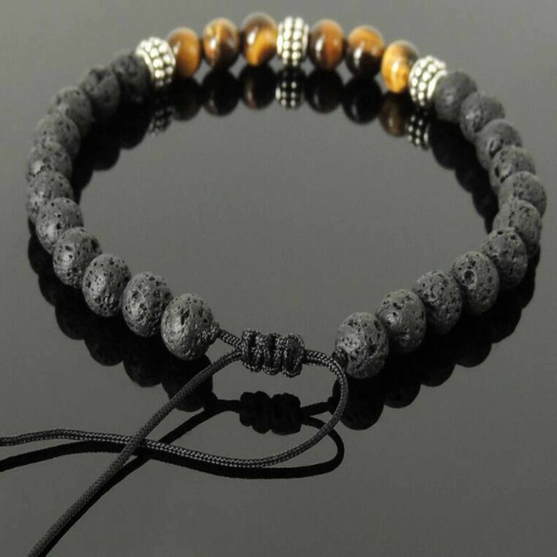 6mm Vintage Brown Tiger Eye Lava Rock Bracelet Stone Tibet Silver Charms Seven Chakras Emotional Practice Restore Meditation
