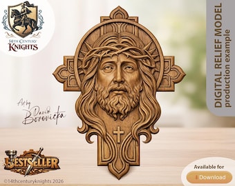 Jesus Porträt mit Kreuz, STL Reliefmodell für CNC oder 3D Druck (Digital Download)