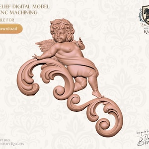 May include: A 3D model of a cherub angel with wings, sitting on a decorative scrollwork design. The model is in a light pink color and is designed for CNC machining. The image includes the text "STL RELIEF DIGITAL MODEL FOR CNC MACHINING" and "AVAILABLE FOR Download".