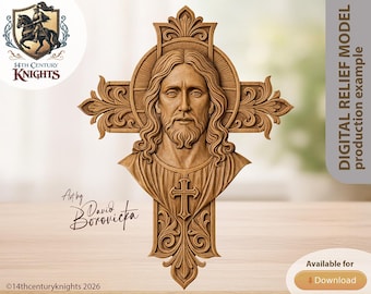 Ritratto di Gesù con croce, modello STL in rilievo per CNC o stampa 3D (download digitale)