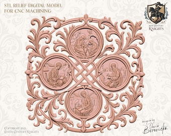 May include: A digital model of a relief sculpture with four figures in circular frames. The figures are surrounded by intricate floral designs. The sculpture is titled "STL Relief Digital Model for CNC Machining" and is copyrighted by 14th Century Knights.