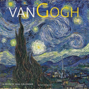 May include: A 16-month 2026 calendar featuring Vincent van Gogh's "The Starry Night." The calendar cover displays the painting's swirling blue and yellow night sky, with the text "VAN GOGH" in white and yellow. The bottom of the calendar reads "16-MONTH 2026 CALENDAR GRAPHICUE."