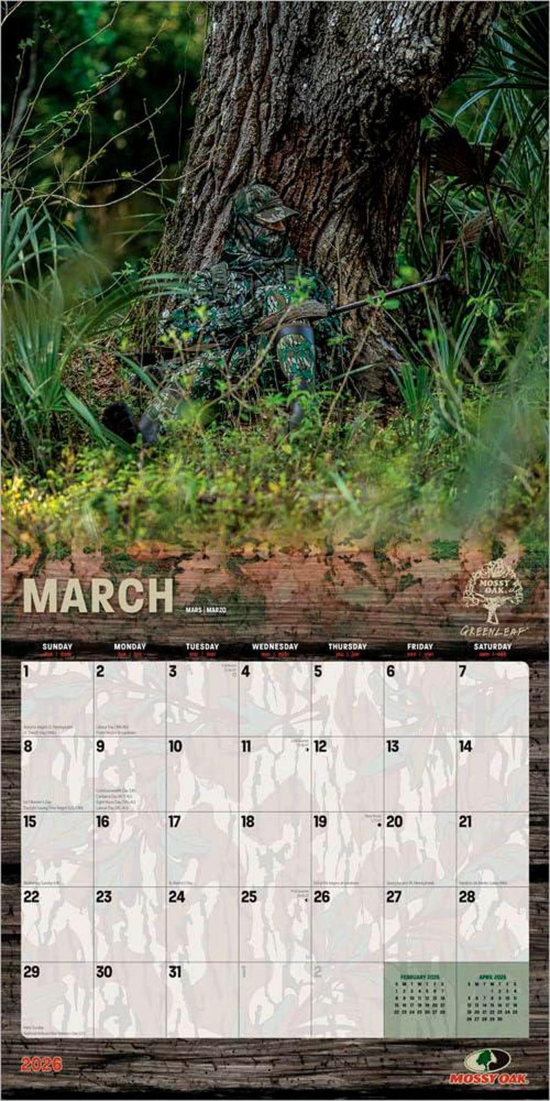 May include: A 2026 calendar featuring a camouflage-clad person in a forest setting, leaning against a tree. The calendar grid for March is visible, with the Mossy Oak logo at the bottom. The image has a natural, outdoor theme.