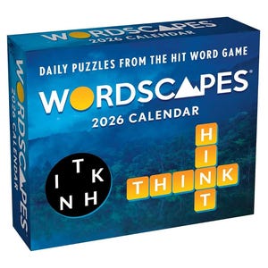 May include: A Wordscapes 2026 calendar with a blue background. The text "WORDSCAPES" and "2026 CALENDAR" are displayed. The calendar features daily puzzles from the hit word game. The words "HINT" and "THINK" are highlighted.