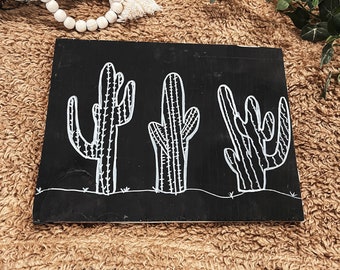 Black and white cactus decor, hand drawn, scrap wood, western decor