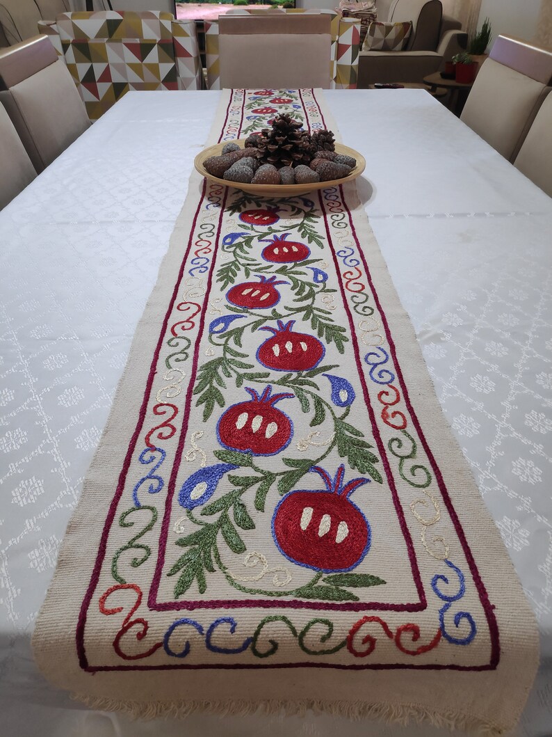Pomegranate Bed Spread Silk Suzani Runner 175 X 32 cm 68 X 12 inc Handmade Silk Suzani Bed Table Runner Table Cloth Vintage Bed Throw