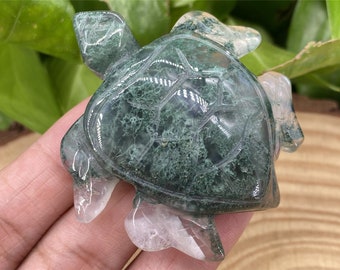 2"+ Hand Carved Natural Moss Agate sea turtle，Quartz Crystal Skull，Crystal sea turtle，Reiki Healing Figurine，Crystal animal，Crystal Gift 1PC