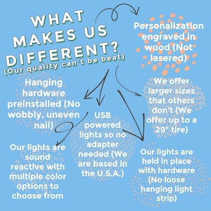 May include: A blue and pink infographic with the text "What Makes Us Different? (Our quality can't be beat)" and lists several features that make the product unique. The features include: hanging hardware preinstalled, USB powered lights, sound reactive lights with multiple color options, personalization engraved in wood, and larger sizes.