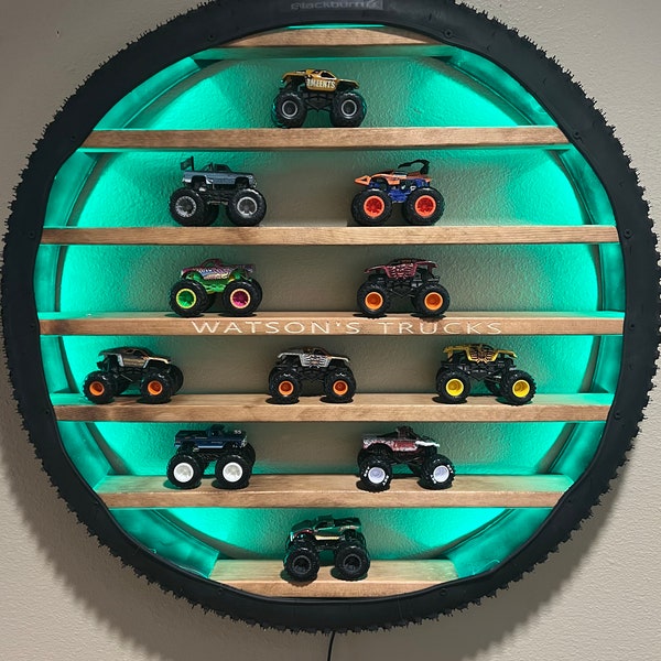 Original Personalized Monster Truck Tire Shelf || Toy Car Display || Toy Train Display || Toy Car Storage || Wall Art || Bike Tire Shelf