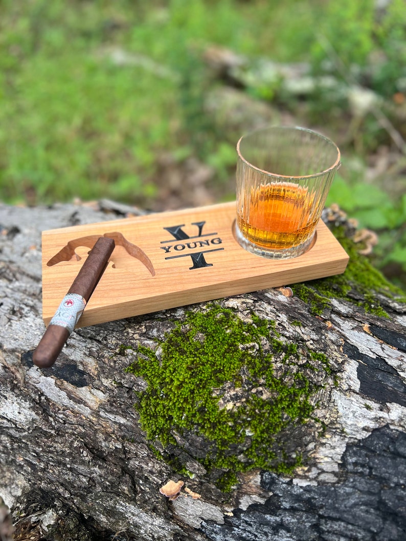 Whiskey & Cigar Tray Whiskey Glass and Cigar Ashtray Whiskey Lover Groomsman Gift Father's Day Gift Personalized image 2