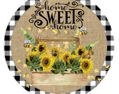 Home sweet home sunflower wreath sign, round wreath sign, metal sign, door hanging
