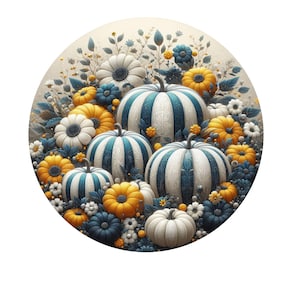 Letrero de corona con calabazas y margaritas a rayas azules, letrero de corona de metal, letrero de corona de otoño, letrero de corona redonda, decoración de puerta, creaciones de letreros de Lindys