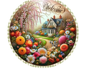 Spring floral welcome wreath sign, metal wreath sign, round wreath sign, door decor, Lindys sign creations